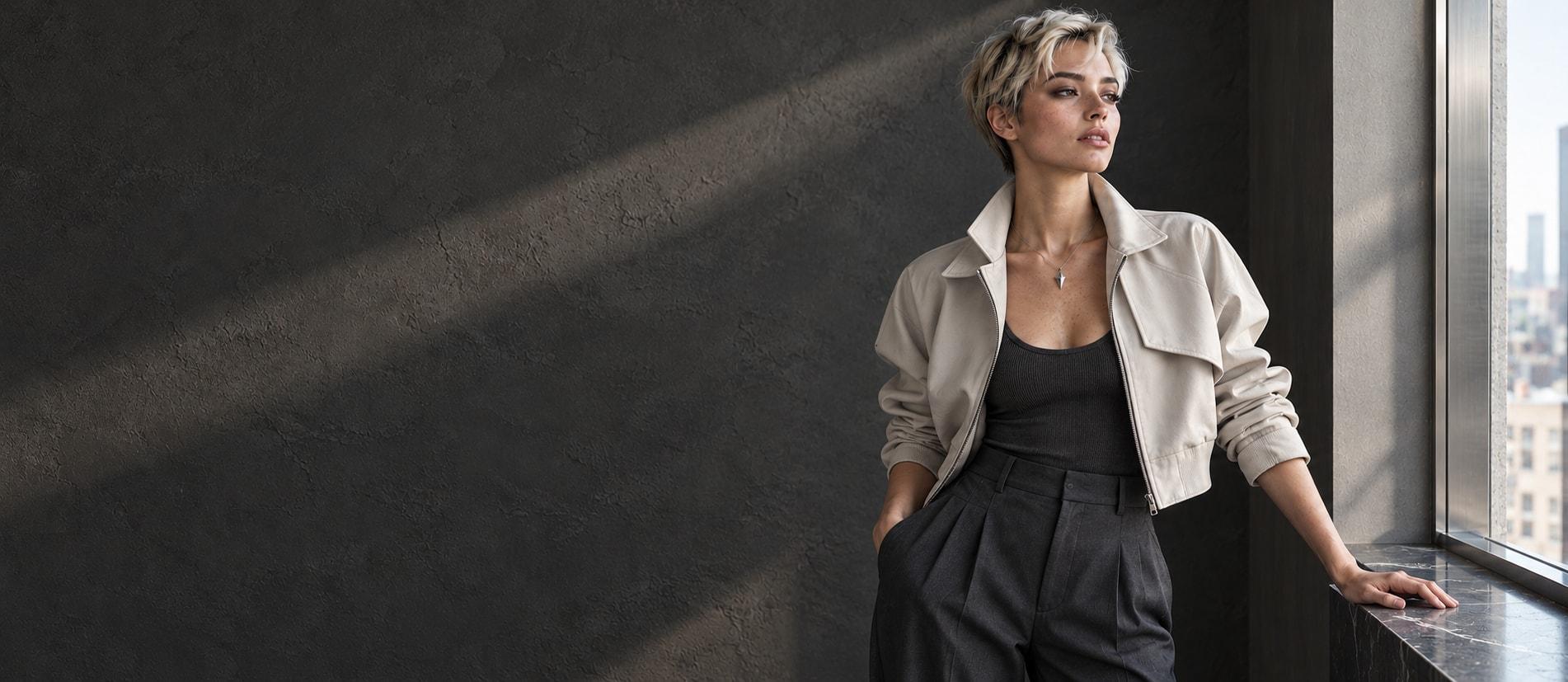 Generated campaign photograph: an adult platinum-pixie model in a light stone sculptural jacket wears a small Glimmer beside a studio window, against textured graphite plaster with soft diagonal window shadows