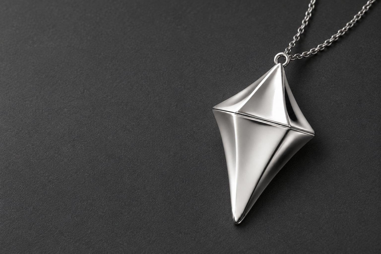 AI product visualization of the silver Glimmer pendant and fine chain on a graphite surface