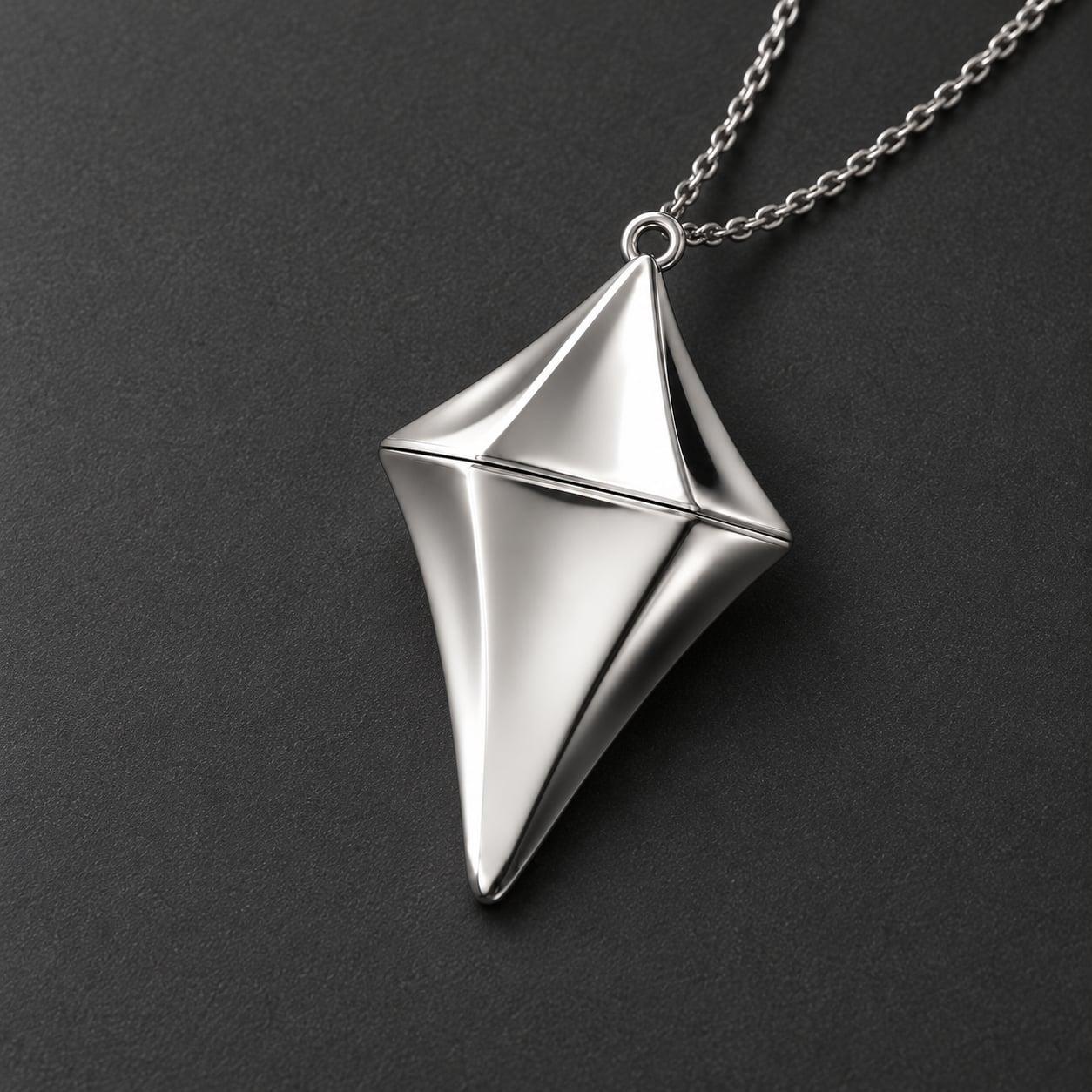 AI product visualization showing Glimmer's complete silver pendant, aligned seam and round hanging loop