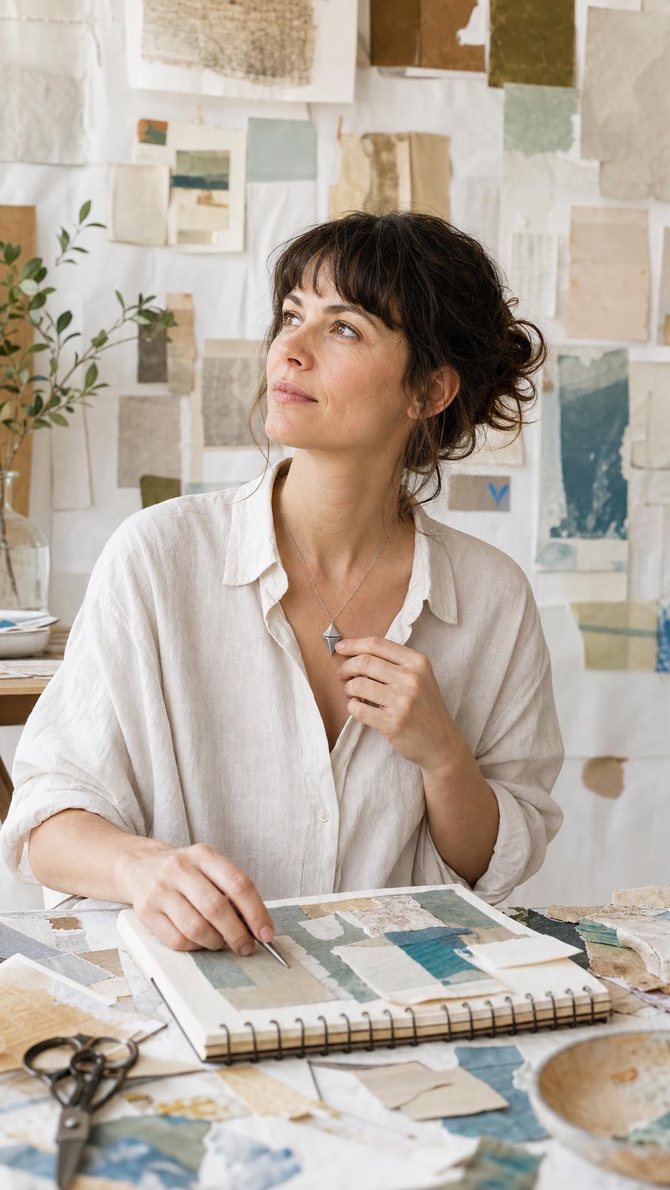 Collage artist lightly pressing the small silver Glimmer pendant as a new composition arrives