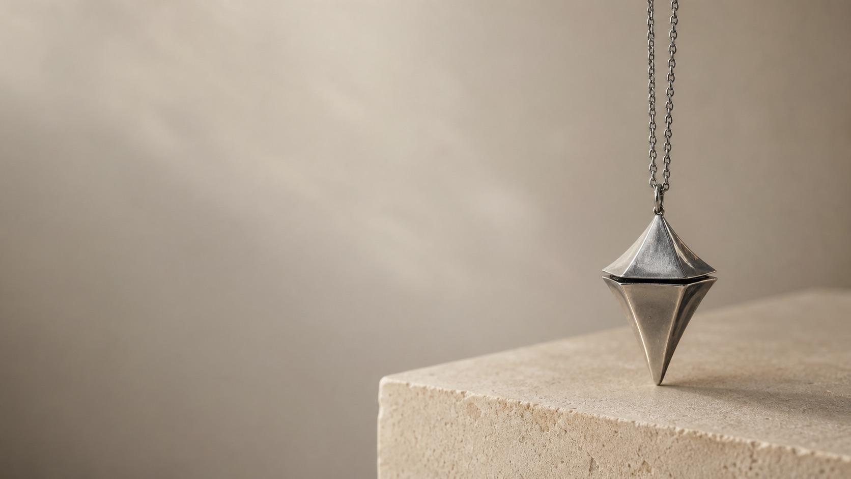 Concept visualization of a small polished silver geometric recording pendant