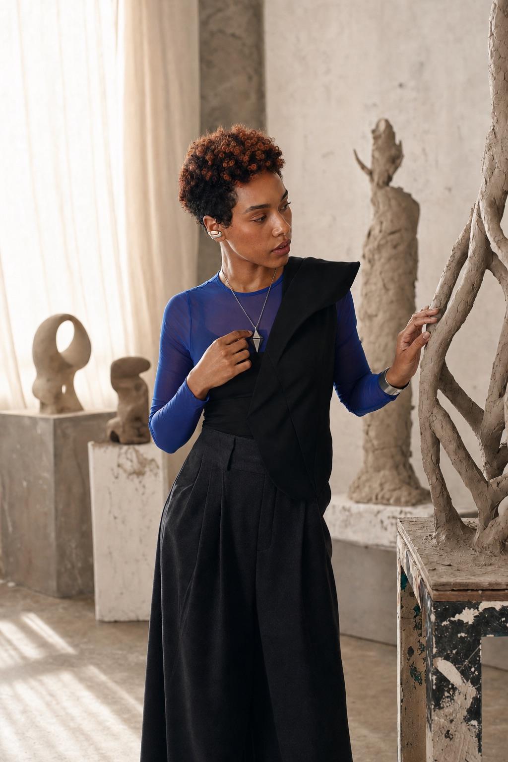 Young contemporary sculptor recording her next move directly with the geometry-correct titanium Glimmer pendant