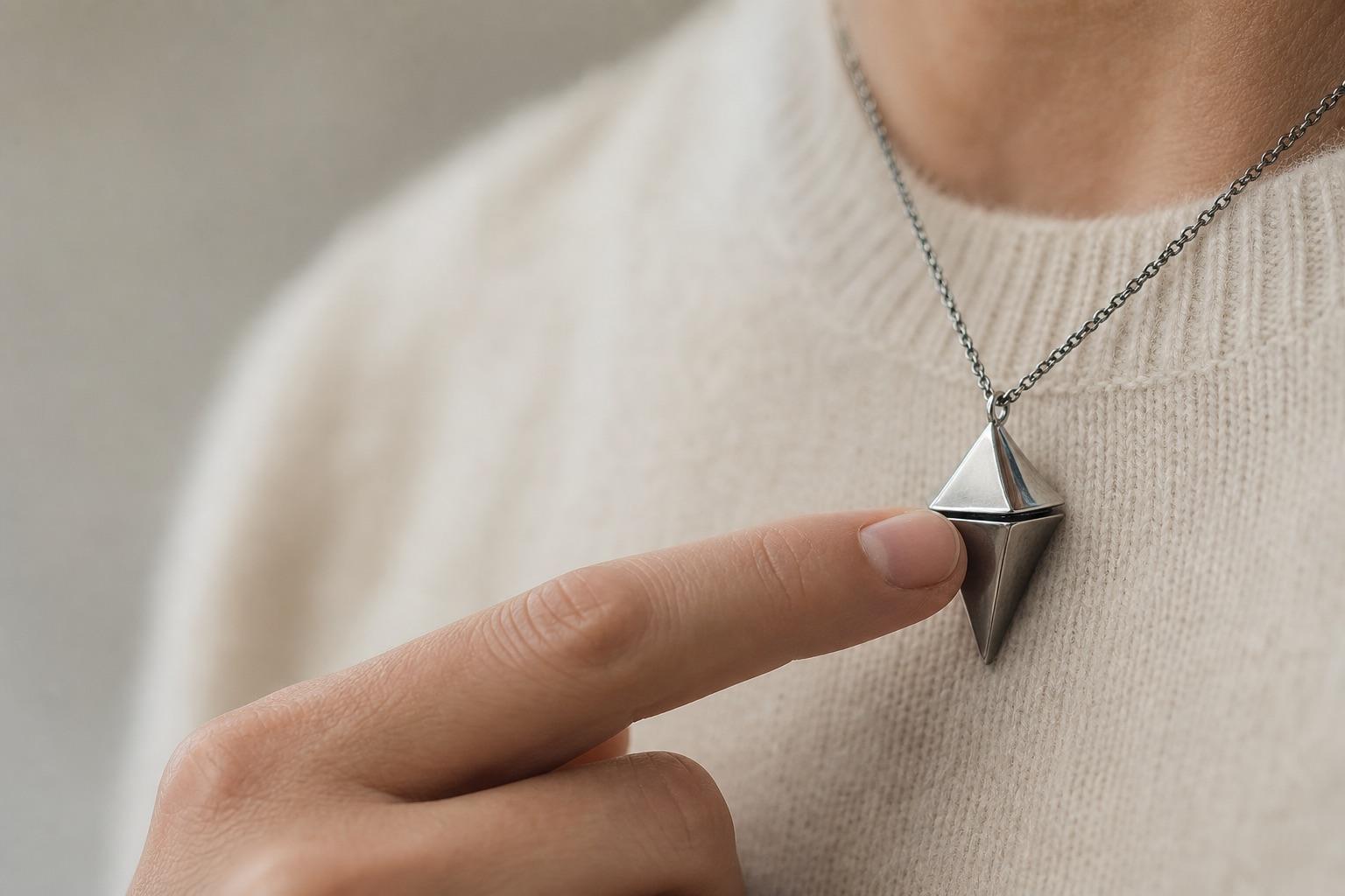 Concept close-up of one deliberate touch on the worn Glimmer pendant